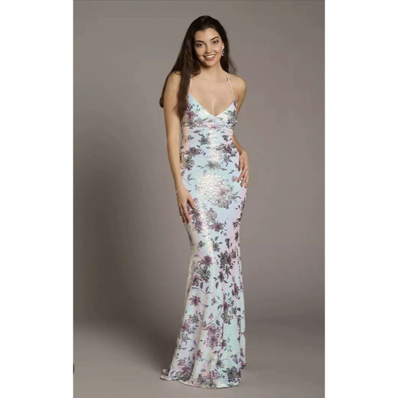 City Studio Floral Sequin Mermaid Dress Aqua Lilac Sz Large Fairy Whimsical - Picture 1 of 16